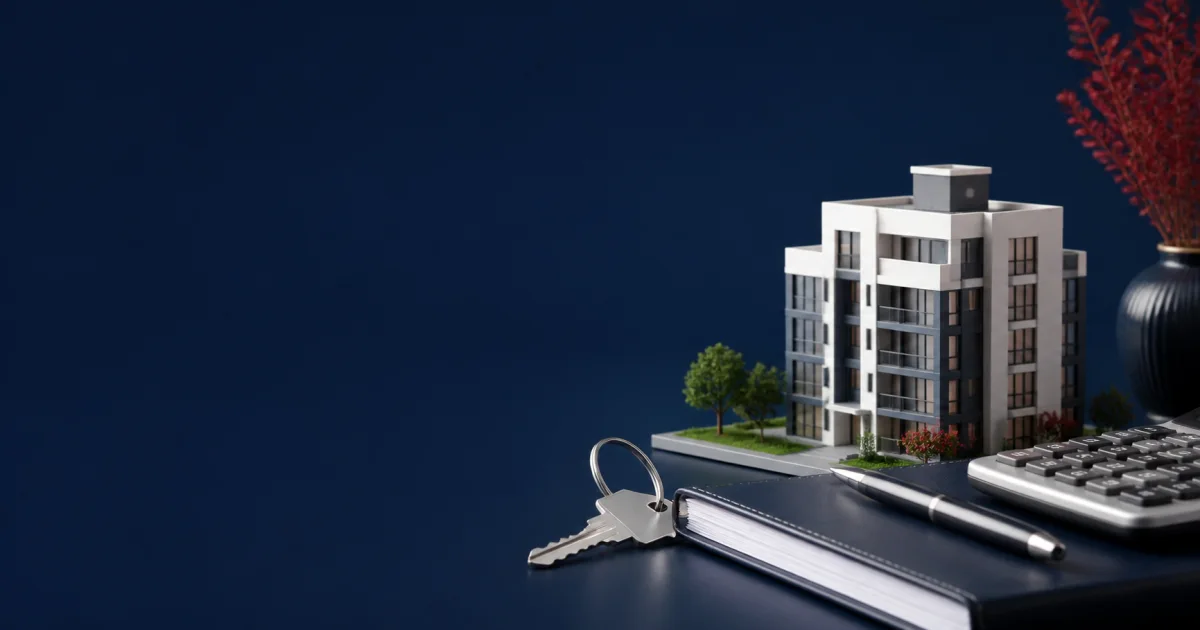 Kira geliri vergisini simgeleyen apartman modeli, anahtar, vergi defteri ve hesap makinesi
