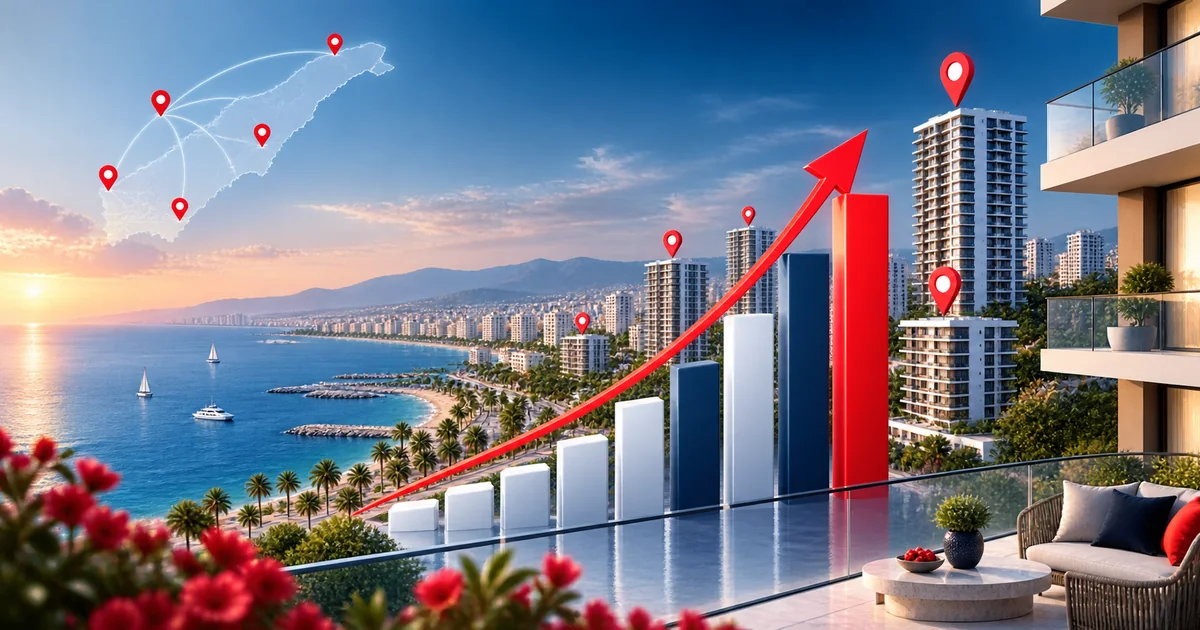 Mersin sahilindeki konut bölgeleri, konum işaretleri ve yükselen fiyat grafiği