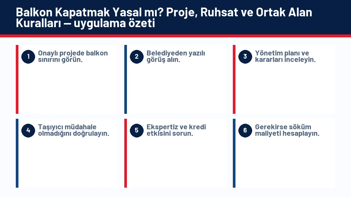 Balkon Kapatmak Yasal mı? Proje, Ruhsat ve Ortak Alan Kuralları için temel kontrol adımlarını gösteren infografik