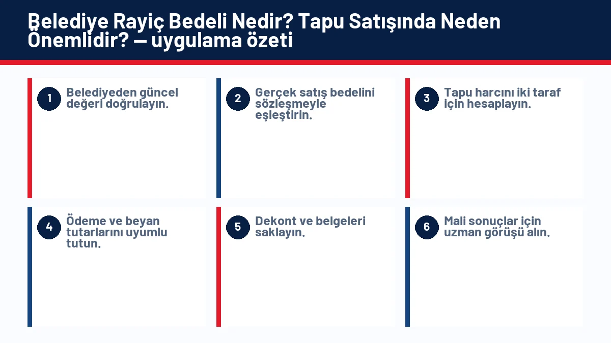 Belediye Rayiç Bedeli Nedir? Tapu Satışında Neden Önemlidir? için temel kontrol adımlarını gösteren infografik