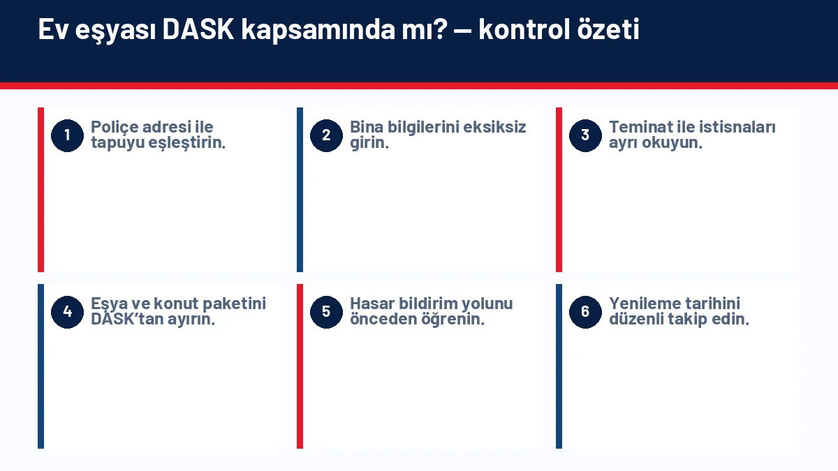 DASK Nedir? Zorunlu Deprem Sigortası Neleri Kapsar? için temel kontrol adımlarını gösteren infografik