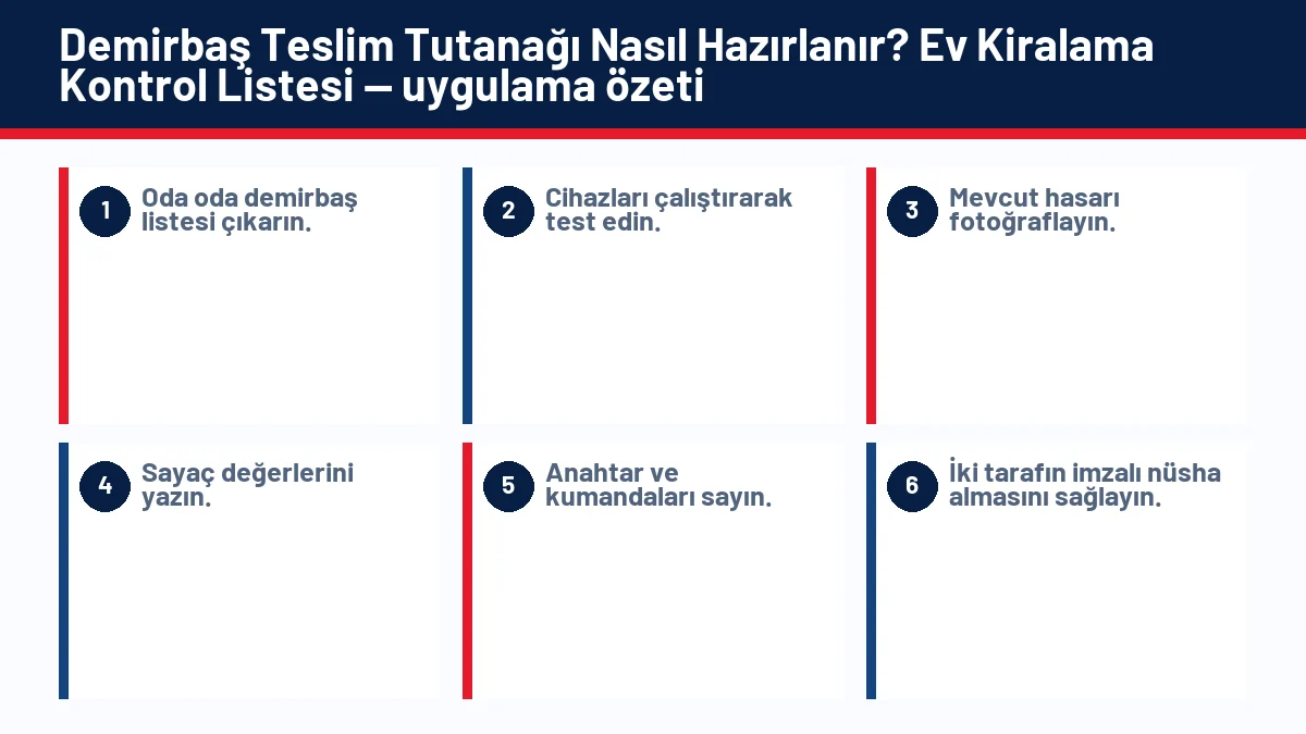 Demirbaş Teslim Tutanağı Nasıl Hazırlanır? Ev Kiralama Kontrol Listesi için temel kontrol adımlarını gösteren infografik