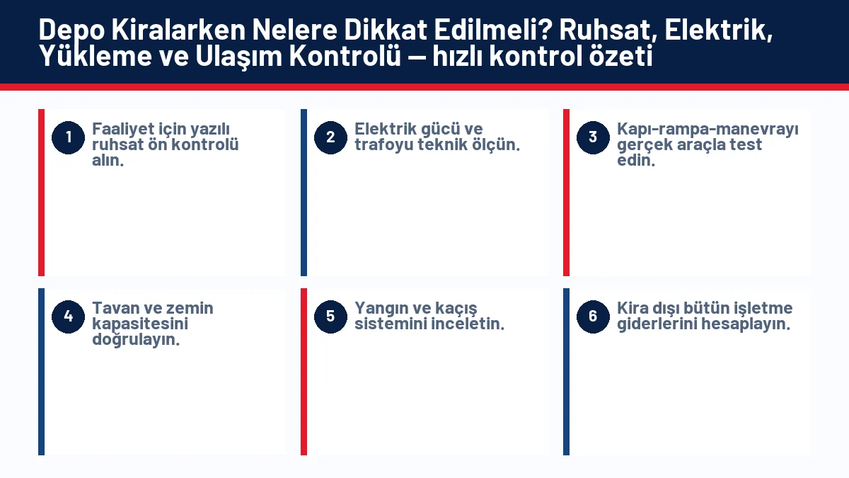 Depo Kiralarken Nelere Dikkat Edilmeli? Ruhsat, Elektrik, Yükleme ve Ulaşım Kontrolü için temel kontrol adımlarını gösteren infografik