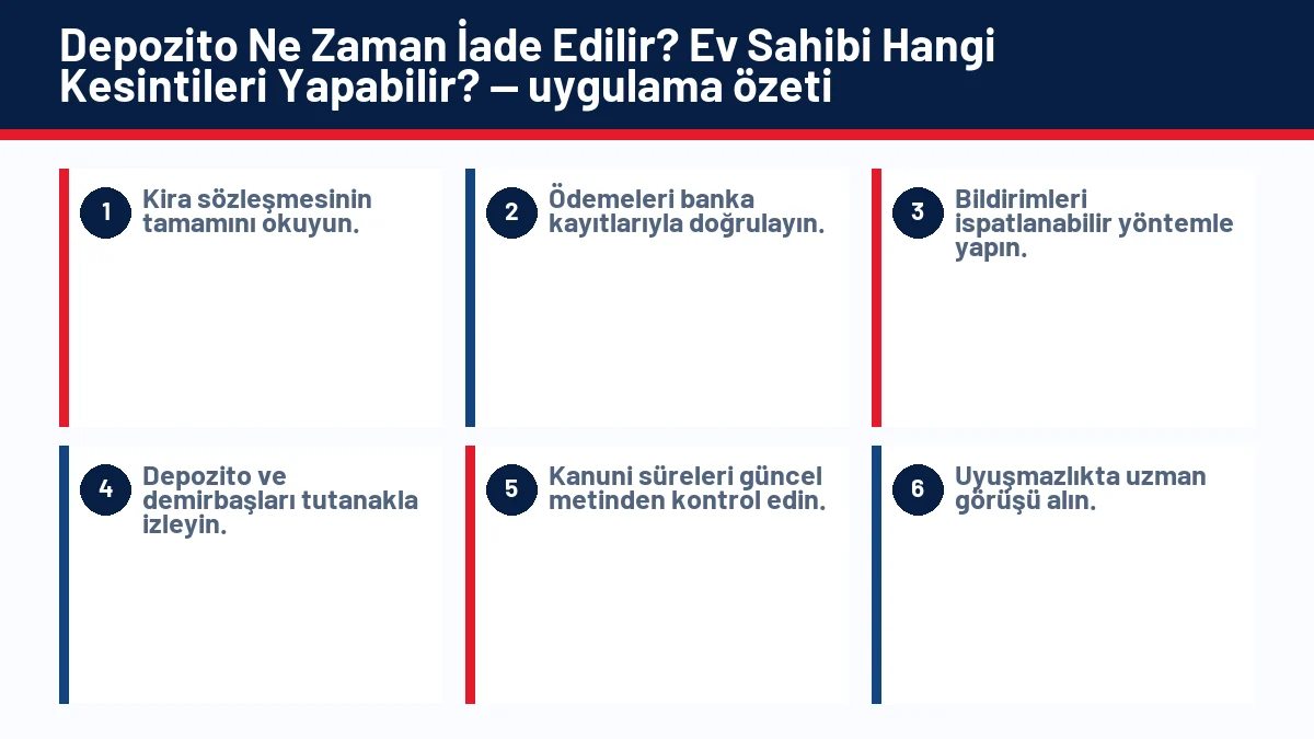 Depozito Ne Zaman İade Edilir? Ev Sahibi Hangi Kesintileri Yapabilir? için temel kontrol adımlarını gösteren infografik