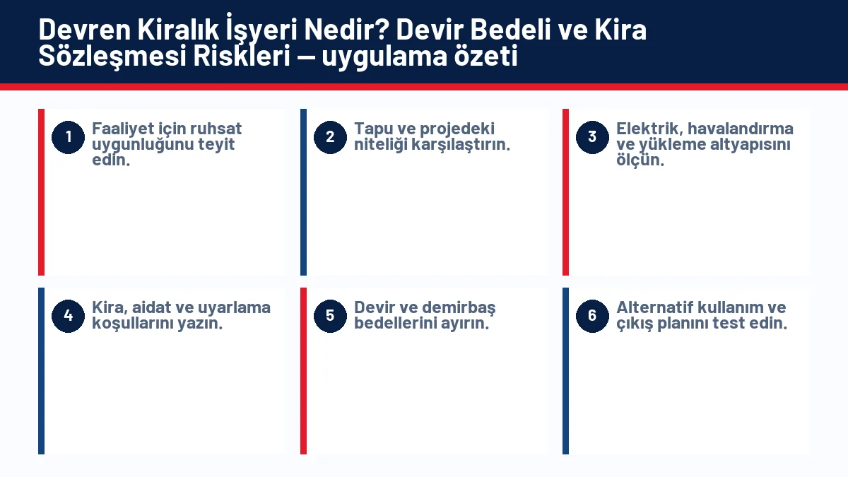 Devren Kiralık İşyeri Nedir? Devir Bedeli ve Kira Sözleşmesi Riskleri için temel kontrol adımlarını gösteren infografik