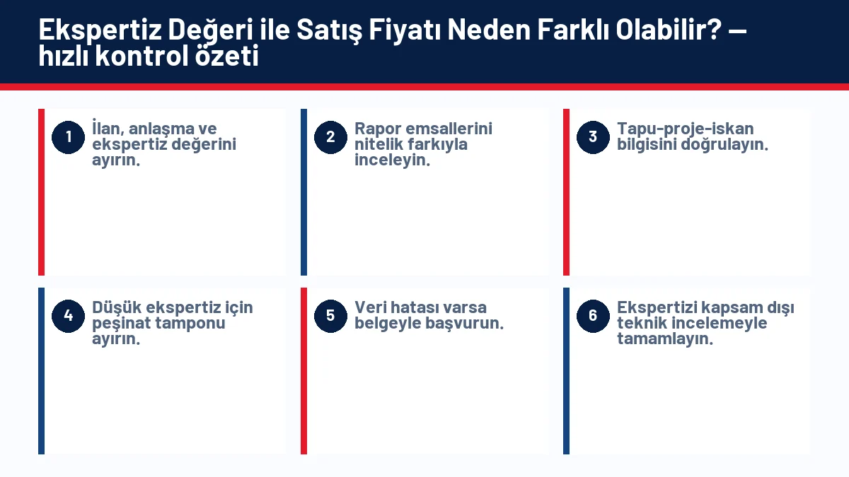 Ekspertiz Değeri ile Satış Fiyatı Neden Farklı Olabilir? için temel kontrol adımlarını gösteren infografik