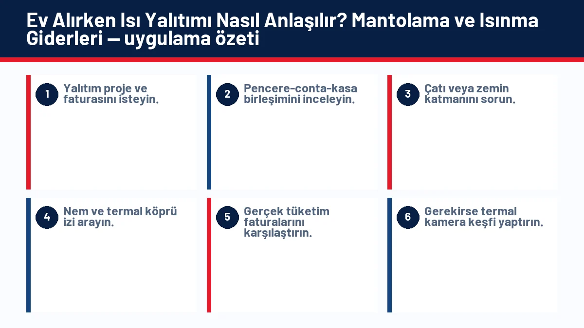 Ev Alırken Isı Yalıtımı Nasıl Anlaşılır? Mantolama ve Isınma Giderleri için temel kontrol adımlarını gösteren infografik