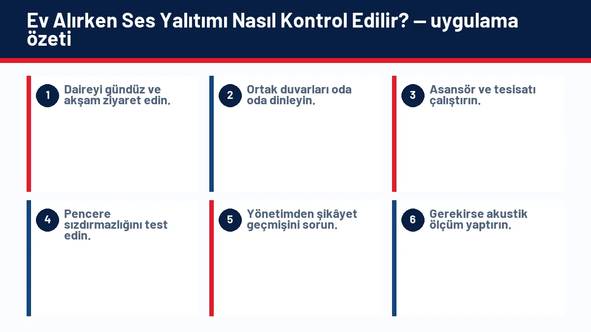Ev Alırken Ses Yalıtımı Nasıl Kontrol Edilir? için temel kontrol adımlarını gösteren infografik