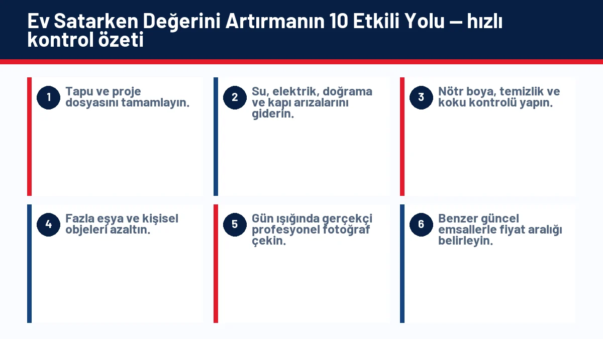 Ev Satarken Değerini Artırmanın 10 Etkili Yolu için temel kontrol adımlarını gösteren infografik