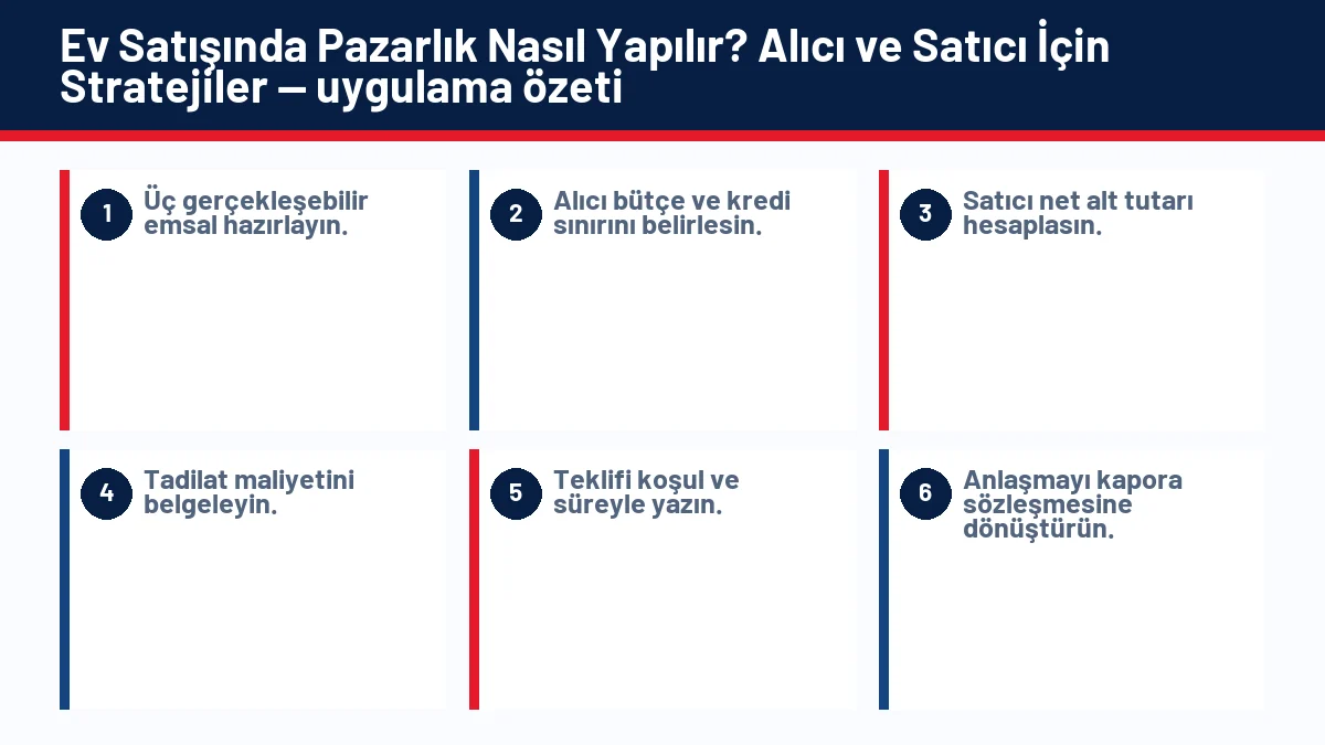 Ev Satışında Pazarlık Nasıl Yapılır? Alıcı ve Satıcı İçin Stratejiler için temel kontrol adımlarını gösteren infografik