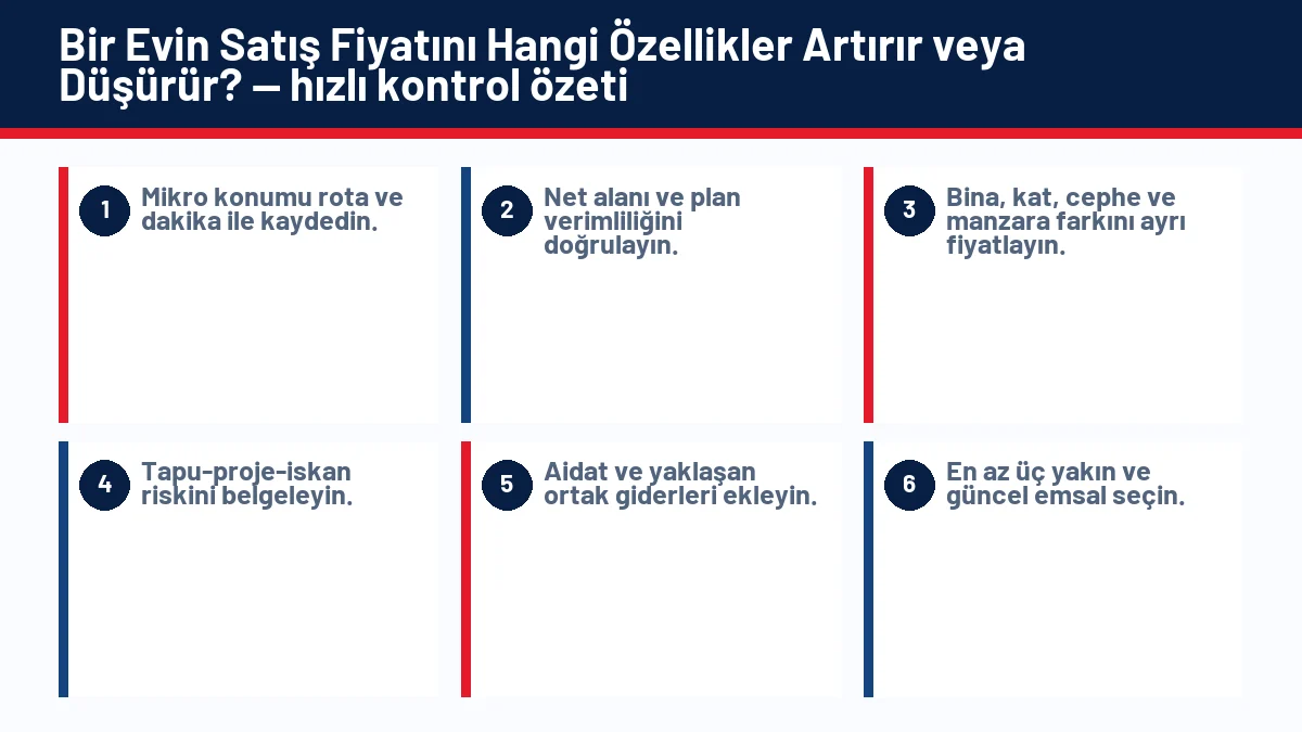Bir Evin Satış Fiyatını Hangi Özellikler Artırır veya Düşürür? için temel kontrol adımlarını gösteren infografik