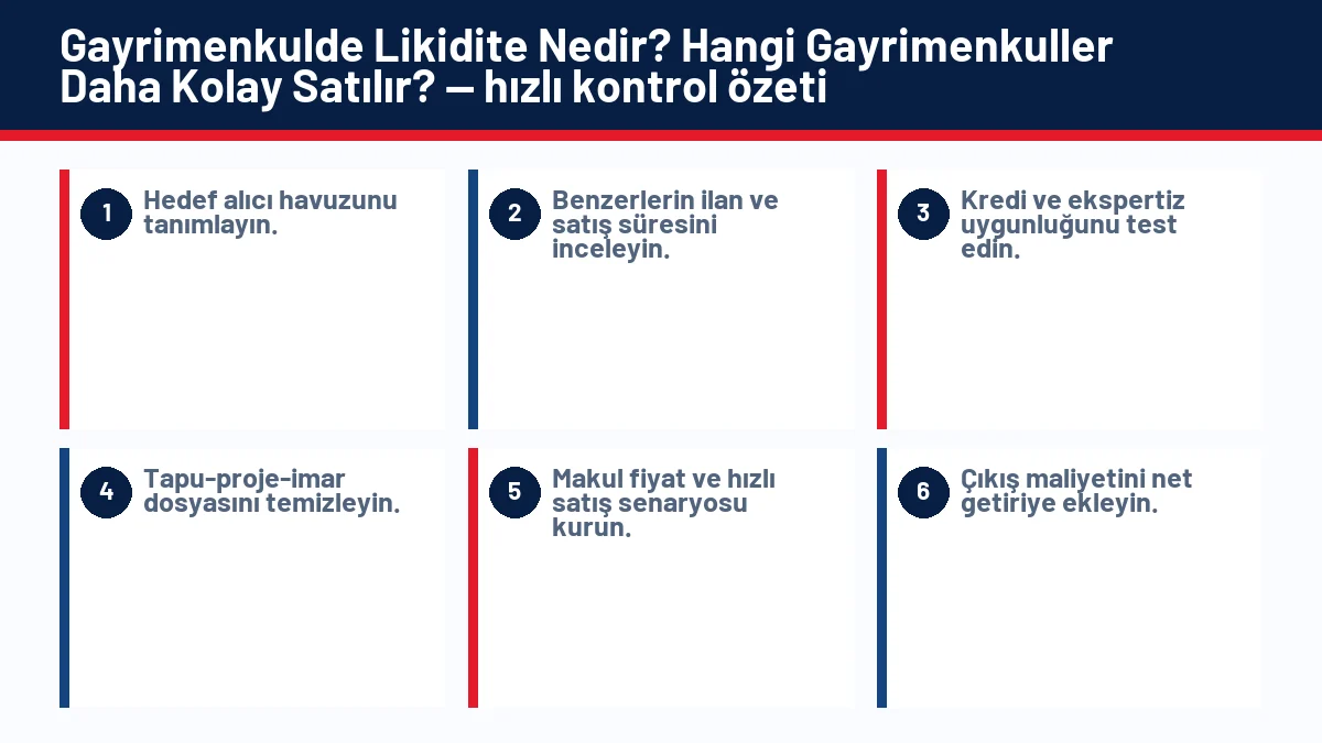 Gayrimenkulde Likidite Nedir? Hangi Gayrimenkuller Daha Kolay Satılır? için temel kontrol adımlarını gösteren infografik