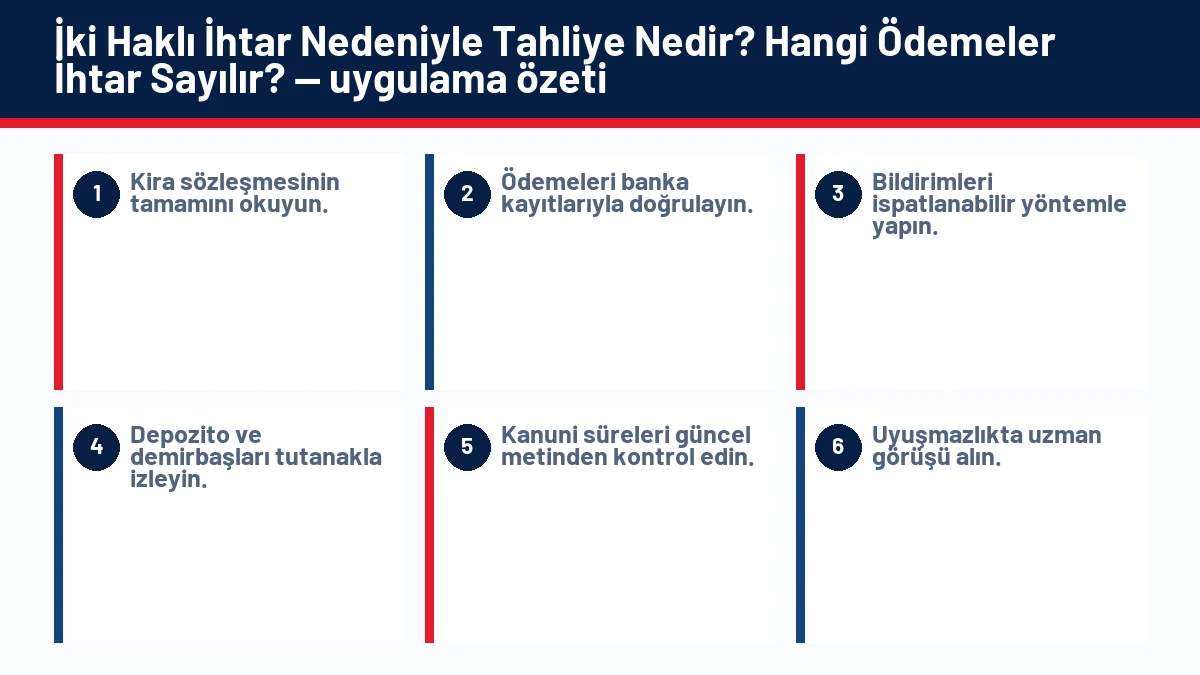 İki Haklı İhtar Nedeniyle Tahliye Nedir? Hangi Ödemeler İhtar Sayılır? için temel kontrol adımlarını gösteren infografik