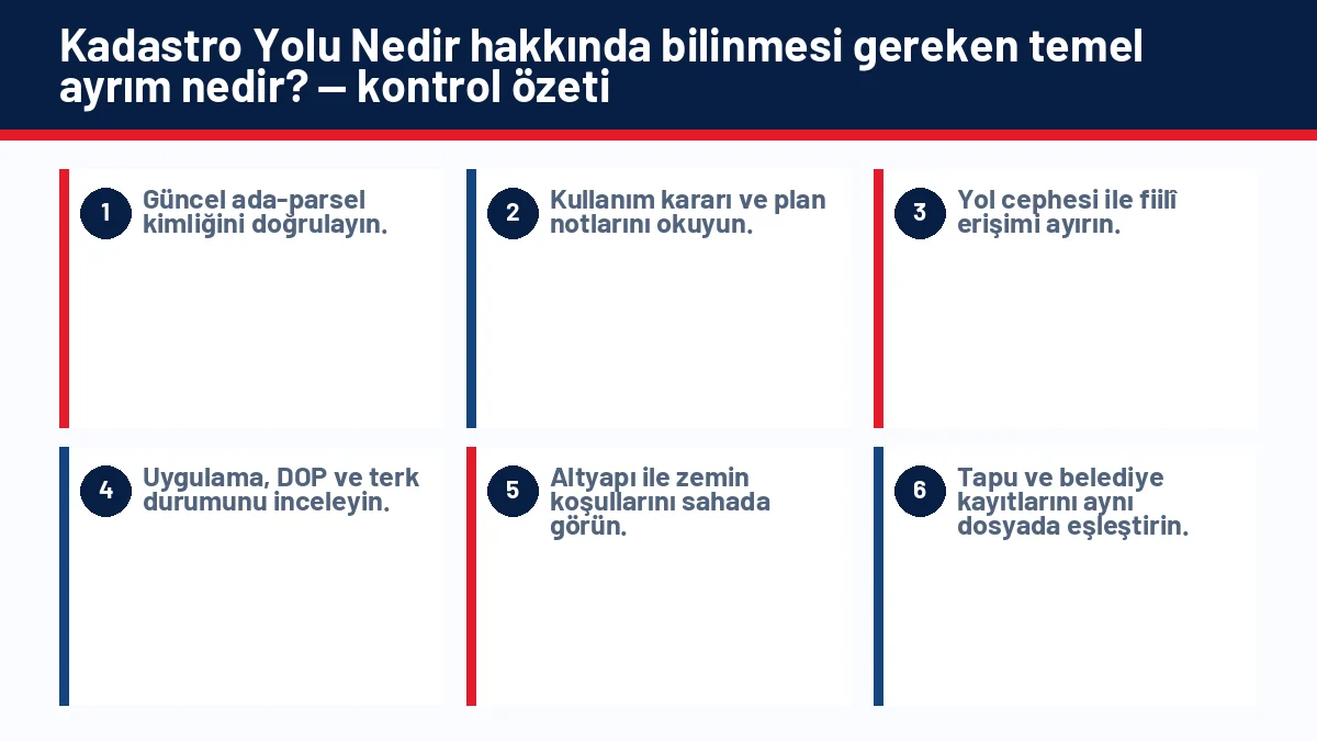 Kadastro Yolu Nedir? Yolu Görünmeyen Arsa Alınır mı? için temel kontrol adımlarını gösteren infografik