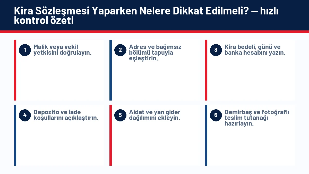 Kira Sözleşmesi Yaparken Nelere Dikkat Edilmeli? için temel kontrol adımlarını gösteren infografik