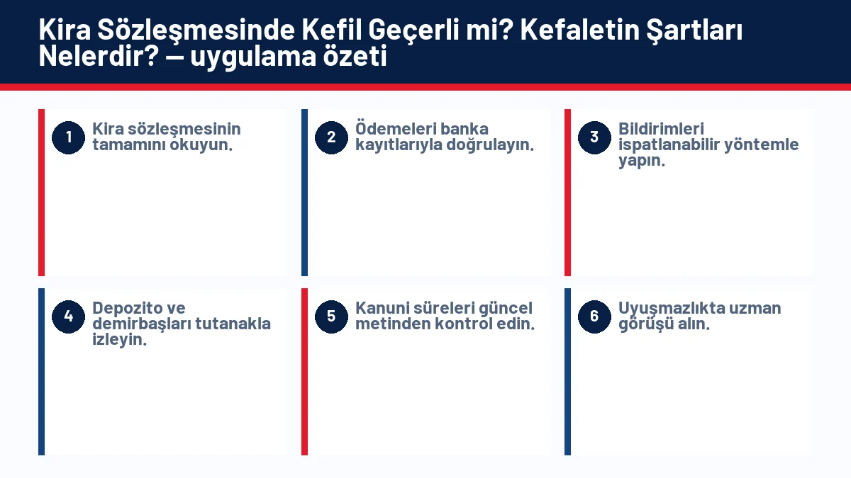 Kira Sözleşmesinde Kefil Geçerli mi? Kefaletin Şartları Nelerdir? için temel kontrol adımlarını gösteren infografik