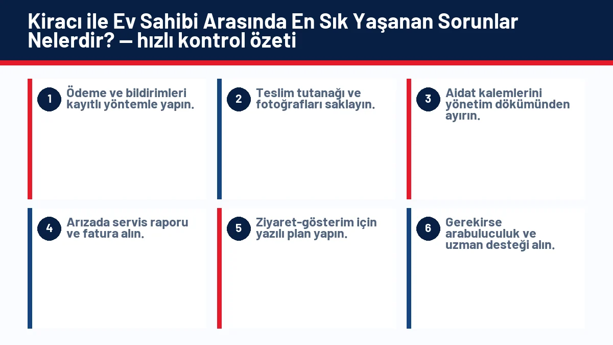 Kiracı ile Ev Sahibi Arasında En Sık Yaşanan Sorunlar Nelerdir? için temel kontrol adımlarını gösteren infografik
