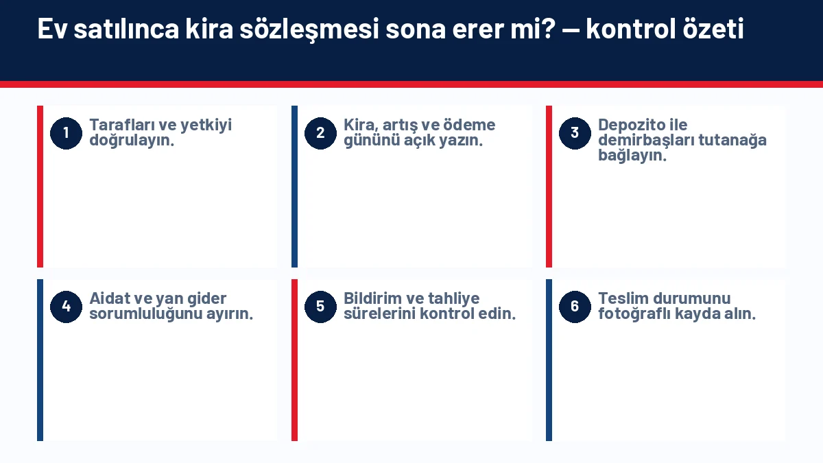 Kiracılı Ev Satın Alınır mı? Yeni Malik ve Kiracının Hakları Nelerdir? için temel kontrol adımlarını gösteren infografik