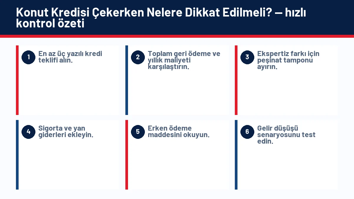Konut Kredisi Çekerken Nelere Dikkat Edilmeli? için temel kontrol adımlarını gösteren infografik