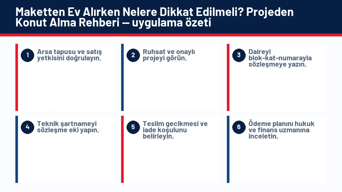 Maketten Ev Alırken Nelere Dikkat Edilmeli? Projeden Konut Alma Rehberi için temel kontrol adımlarını gösteren infografik