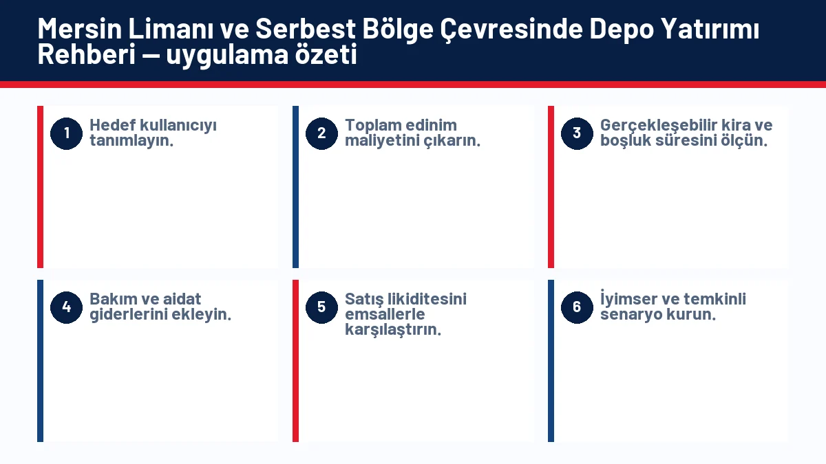 Mersin Limanı ve Serbest Bölge Çevresinde Depo Yatırımı Rehberi için temel kontrol adımlarını gösteren infografik