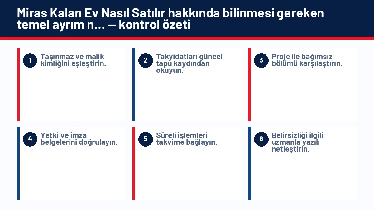 Miras Kalan Ev Nasıl Satılır? Tüm Mirasçılar Onay Vermek Zorunda mı? için temel kontrol adımlarını gösteren infografik