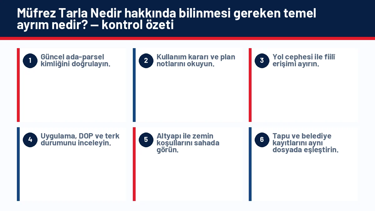 Müfrez Tarla Nedir? Müstakil Parselden Farkı Nedir? için temel kontrol adımlarını gösteren infografik