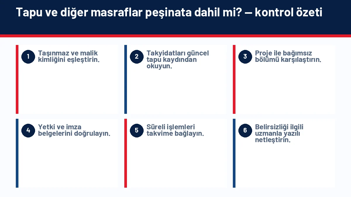 Peşinat Ne Kadar Olmalı? Ev Alırken Bütçe Nasıl Planlanır? için temel kontrol adımlarını gösteren infografik