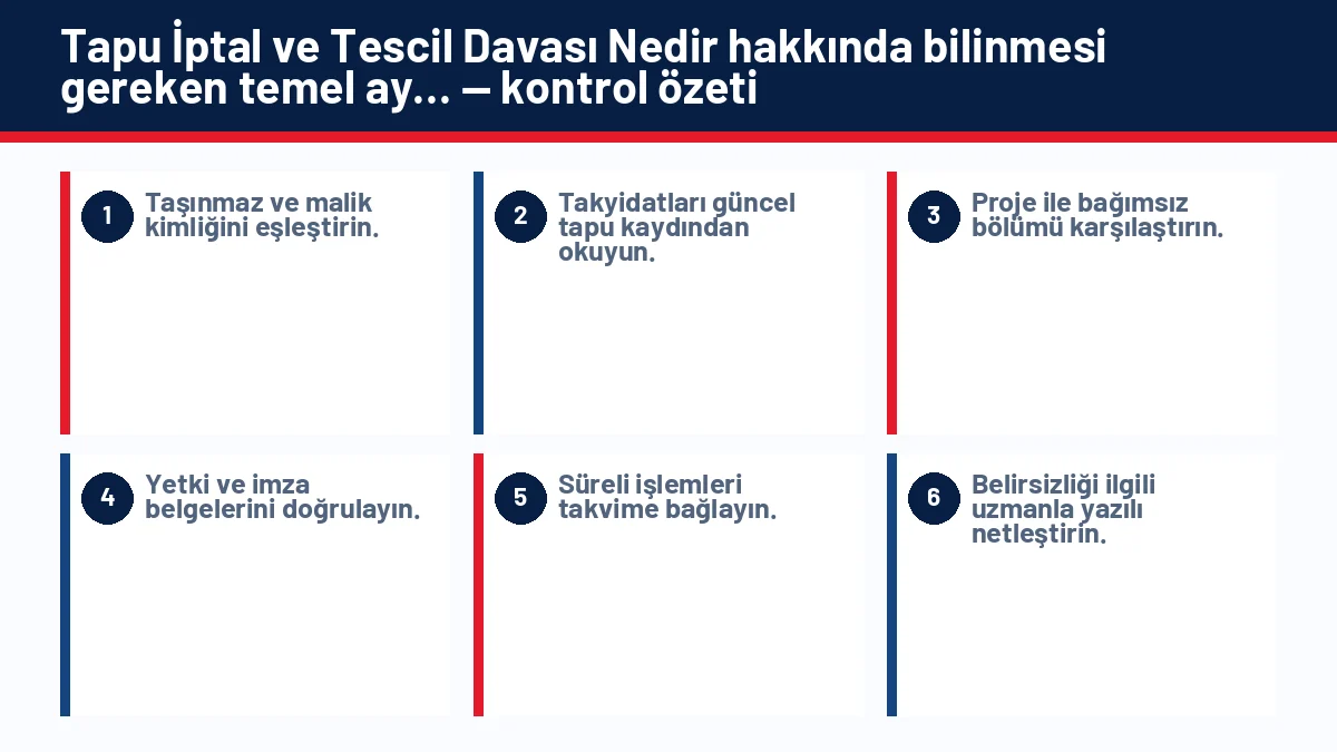Tapu İptal ve Tescil Davası Nedir? Hangi Durumlarda Açılır? için temel kontrol adımlarını gösteren infografik