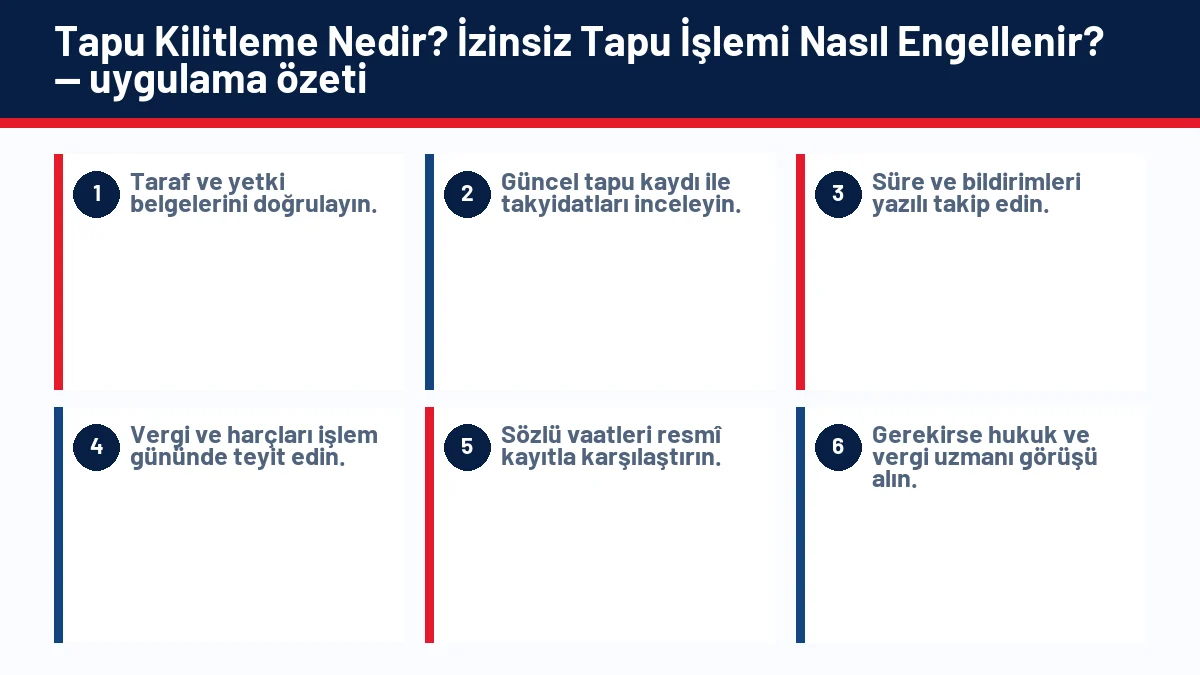 Tapu Kilitleme Nedir? İzinsiz Tapu İşlemi Nasıl Engellenir? için temel kontrol adımlarını gösteren infografik