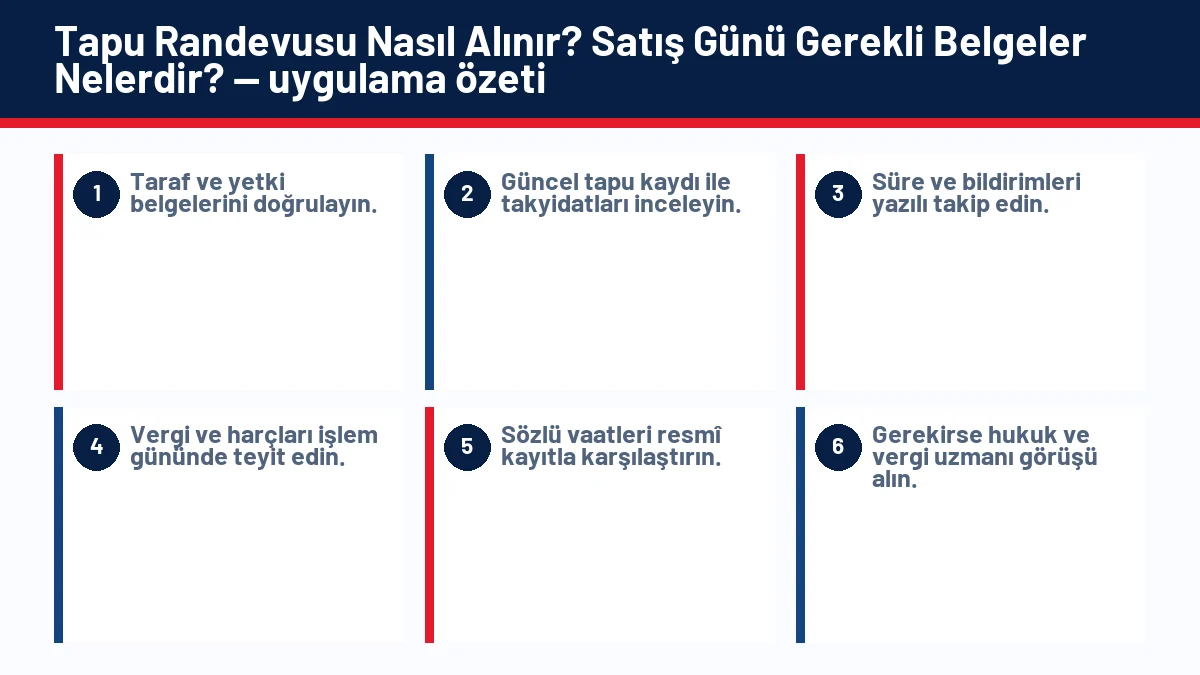 Tapu Randevusu Nasıl Alınır? Satış Günü Gerekli Belgeler Nelerdir? için temel kontrol adımlarını gösteren infografik