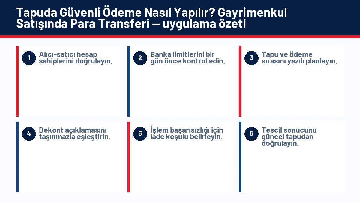Tapuda Güvenli Ödeme Nasıl Yapılır? Gayrimenkul Satışında Para Transferi için temel kontrol adımlarını gösteren infografik