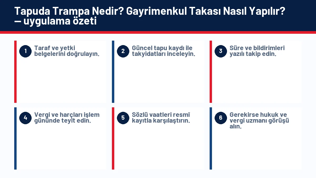 Tapuda Trampa Nedir? Gayrimenkul Takası Nasıl Yapılır? için temel kontrol adımlarını gösteren infografik