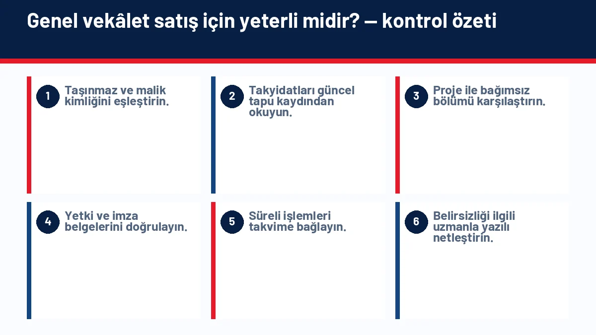 Vekâletle Ev veya Arsa Alım Satımı Nasıl Yapılır? için temel kontrol adımlarını gösteren infografik