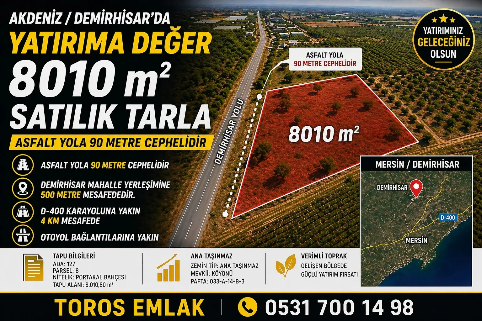 TOROS EMLAK'TAN DEMİRHİSARDA YOL KENARI 8010m2 SATILIK TARLA - fotoğraf 2
