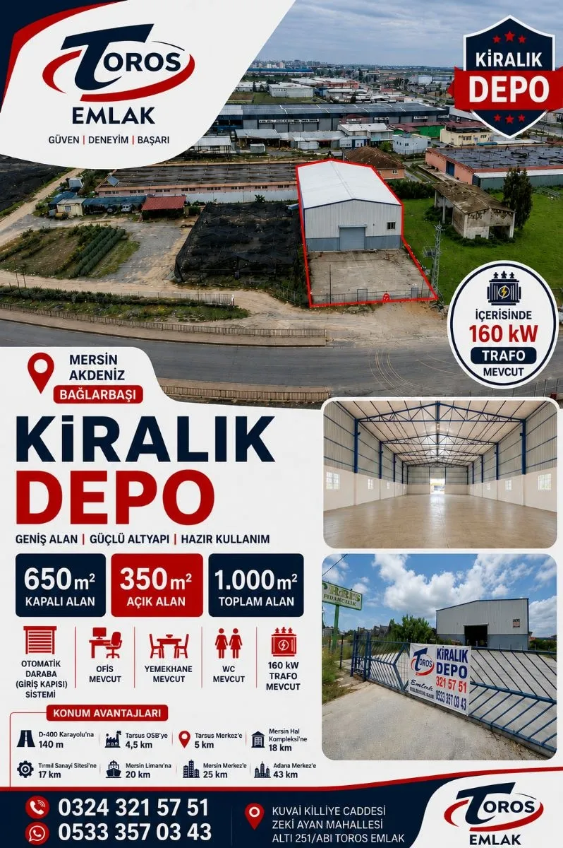 TOROS EMLAK'TAN AKDENİZ BAĞLARBAŞIN'DA KİRALİK 1000m2 DEPO - fotoğraf 10