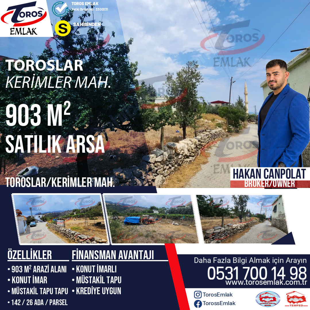 Toros Emlak'tan Kerimler'de 903 m² Villalık Arsa