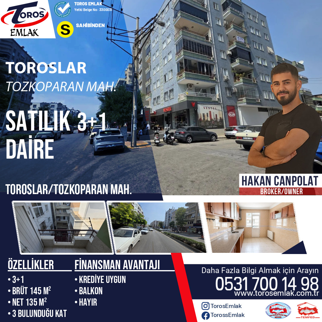 Toros Emlak'tan Tozkoparan Mahallesi’nde 3+1 Doğalgazlı Satılık Daire sosyal medya afişi