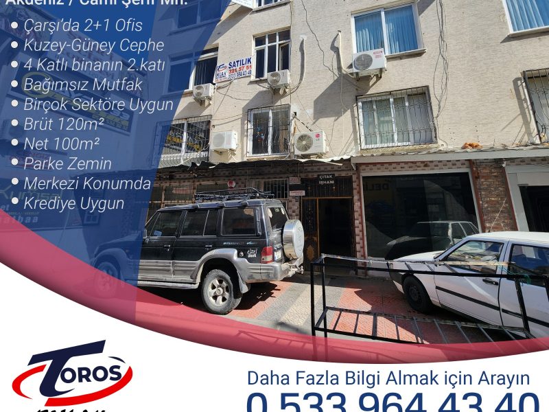 Toros Emlak’tan Çarşı Evkur Arkası Satılık 2+1 ofis